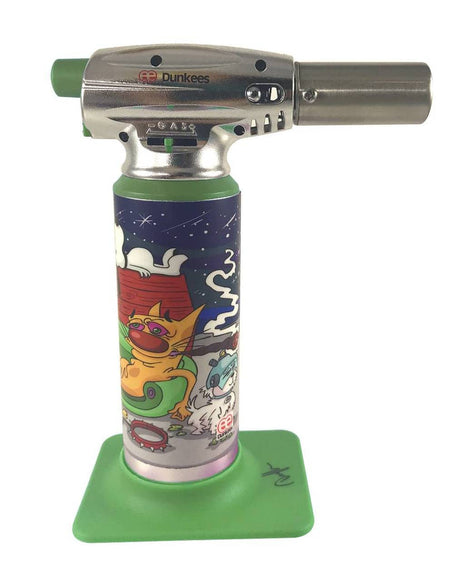 Dunkees Custom 6" Torch - Dawgs with Colorful Cartoon Design, Front View on Green Stand