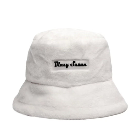 Blazy Susan Fuzzy Bucket Hat in White with Logo - Front View