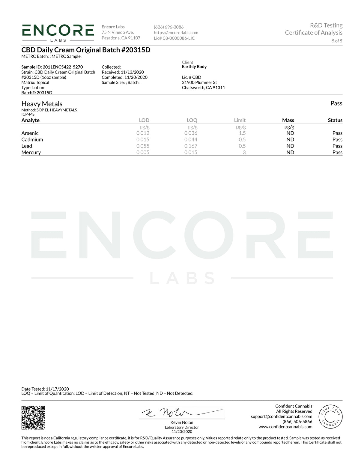 Certificate of Analysis for Earthly Body CBD Daily Intensive Cream, verifying CBD content and safety