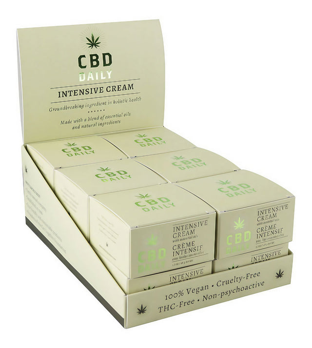 Earthly Body CBD Daily Intensive Cream 12 Pack display, 1.7 oz cruelty-free hemp-infused