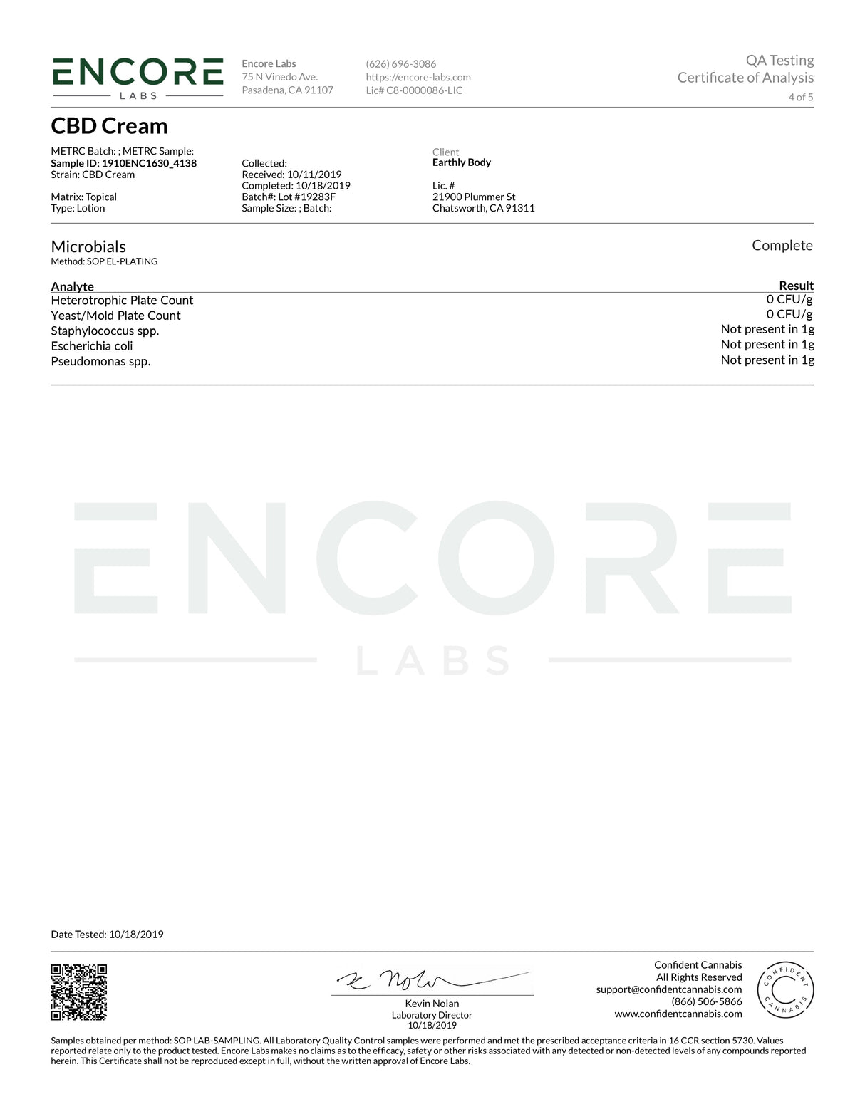 Encore Labs certificate of analysis for Earthly Body CBD Daily Intensive Cream