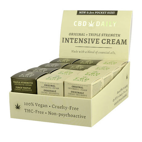 Earthly Body CBD Daily Intensive Cream display box, original and triple strength, 0.5oz, 24pc set