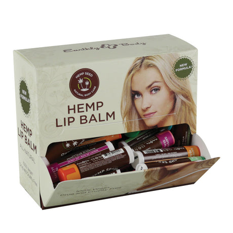 Earthly Body Hemp Lip Balm 48-pack display box with assorted flavors, front view on white background