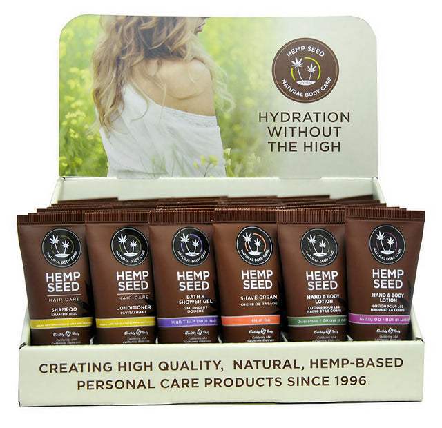 Earthly Body Hemp Seed CBD Skincare 36 Pack Display Front View with Variety of 1 oz Products