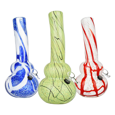 Ease It Back Soft Glass Water Pipes, 12 inch in blue, green, and red swirl designs, front view