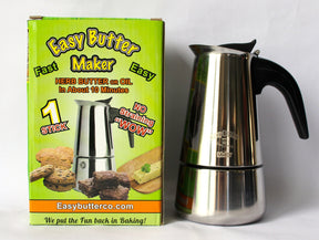 Easy Butter Maker for one stick of butter, side view next to its packaging box
