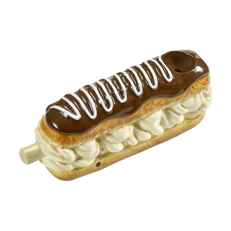 Eclair Ceramic Pipe in a realistic dessert design, angled side view on a white background