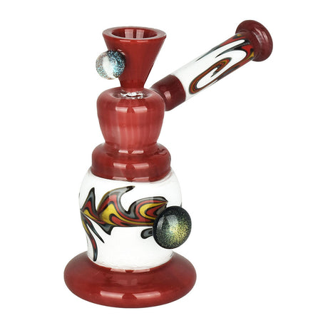 Ego Death Bubbler Pipe, 5.25" tall, 14mm female joint, with unique flame design on white borosilicate glass