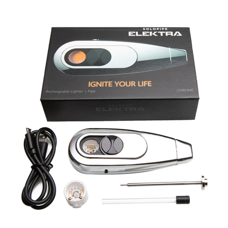 Elektra by Solopipe in silver - portable hand pipe with built-in rechargeable lighter, USB cable included