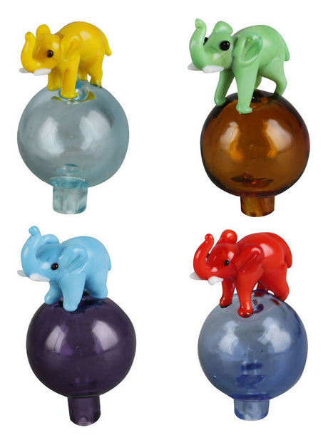 Assorted colors Elephant Bubble Carb Caps made of borosilicate glass, 26mm size, on white background
