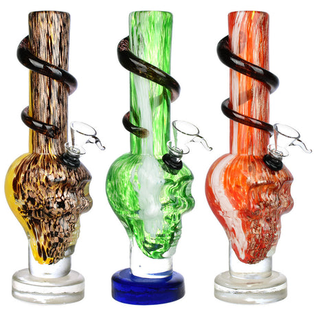 Embellish The Mind Soft Glass Water Pipes with Skull Base, 10.25" height, shown in brown, green, and red variants