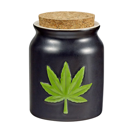 Black Ceramic Stash Jar with Embossed Hemp Leaf and Cork Lid - Front View