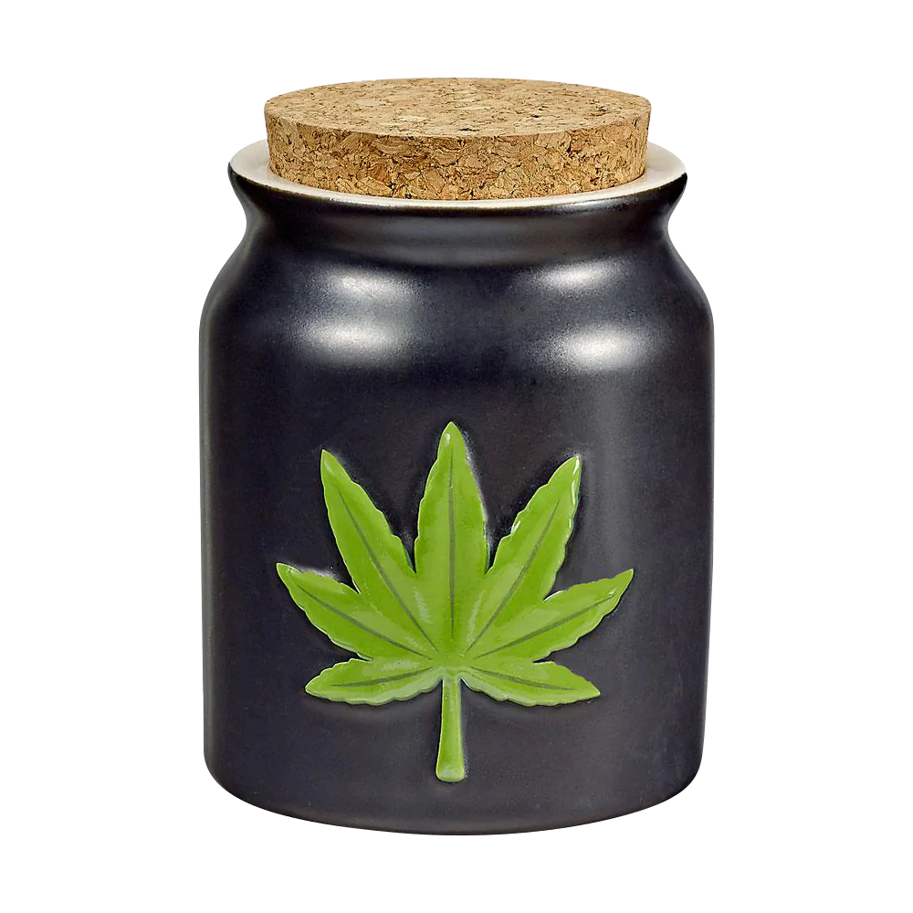 Black Ceramic Stash Jar with Embossed Hemp Leaf and Cork Lid - Front View