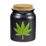 Black Ceramic Stash Jar with Embossed Hemp Leaf and Cork Lid - Front View