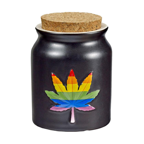 Embossed Hemp Leaf Matte Black Ceramic Stash Jar | Rainbow