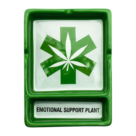 Green ceramic ashtray with cannabis leaf design and 'Emotional Support Plant' text