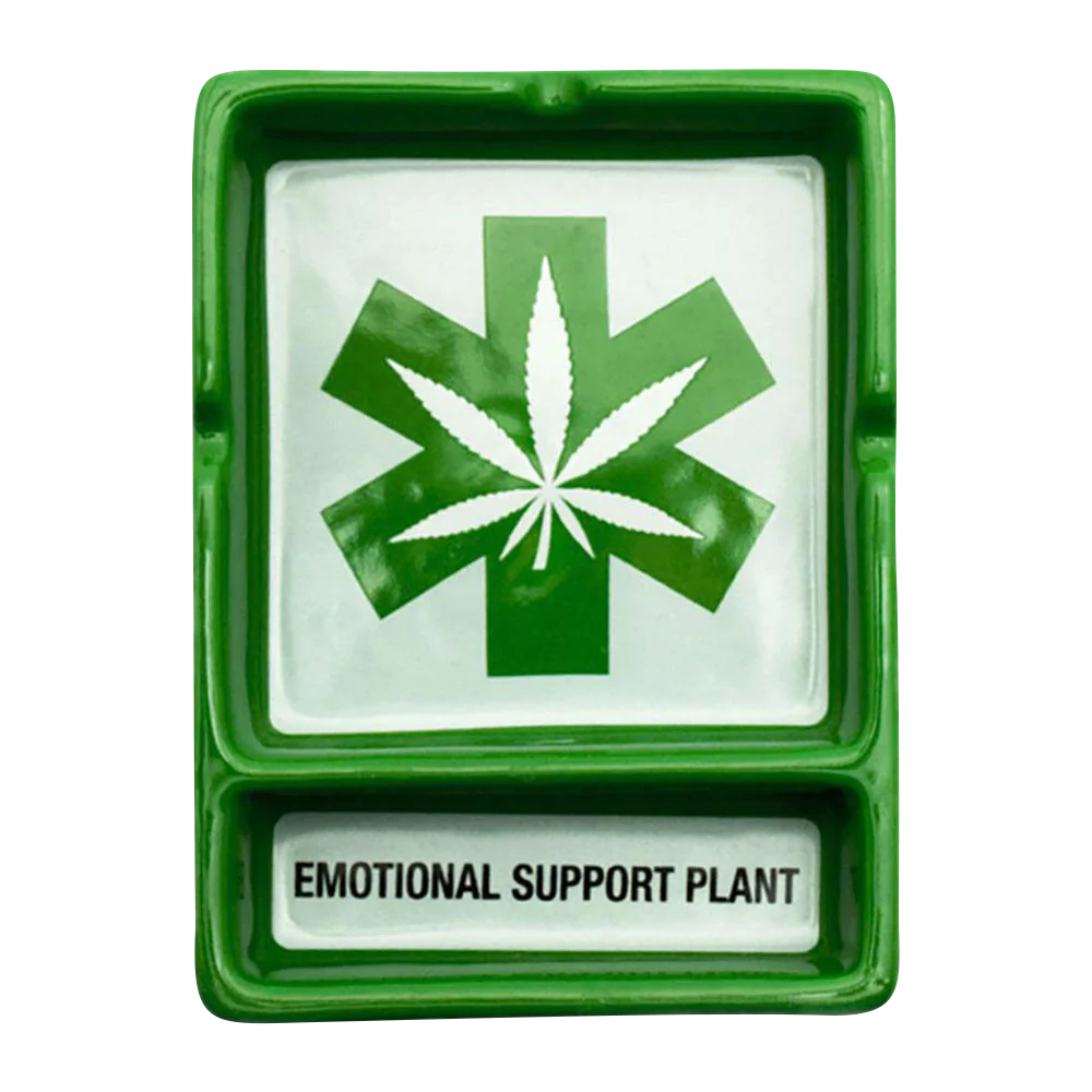 Green ceramic ashtray with cannabis leaf design and 'Emotional Support Plant' text