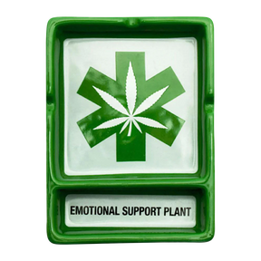 Green ceramic ashtray with cannabis leaf design and 'Emotional Support Plant' text