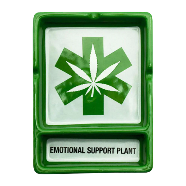 Green ceramic ashtray with cannabis leaf design and 'Emotional Support Plant' text