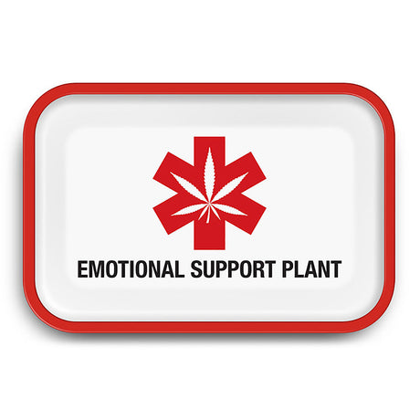 Metal rolling tray with 'Emotional Support Plant' text and cannabis leaf, 11.25" x 7.5", top view