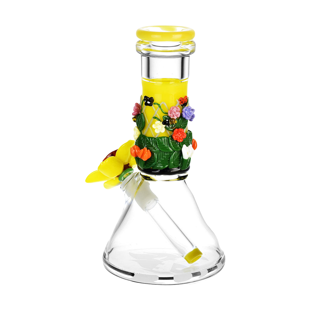 Empire Glassworks 8" Baby Beaker Water Pipe with colorful flower accents, 14mm female joint, front view