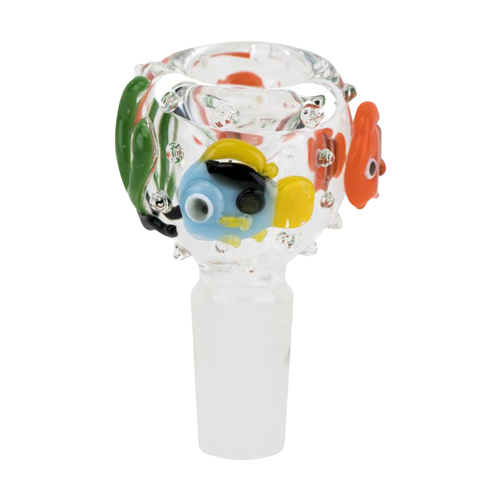 Empire Glassworks 'Under The Sea' themed 14mm male bong bowl piece, front view on white background