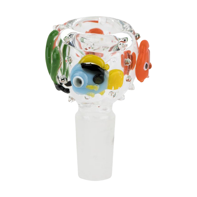 Empire Glassworks 'Under The Sea' themed 14mm male bong bowl piece, front view on white background