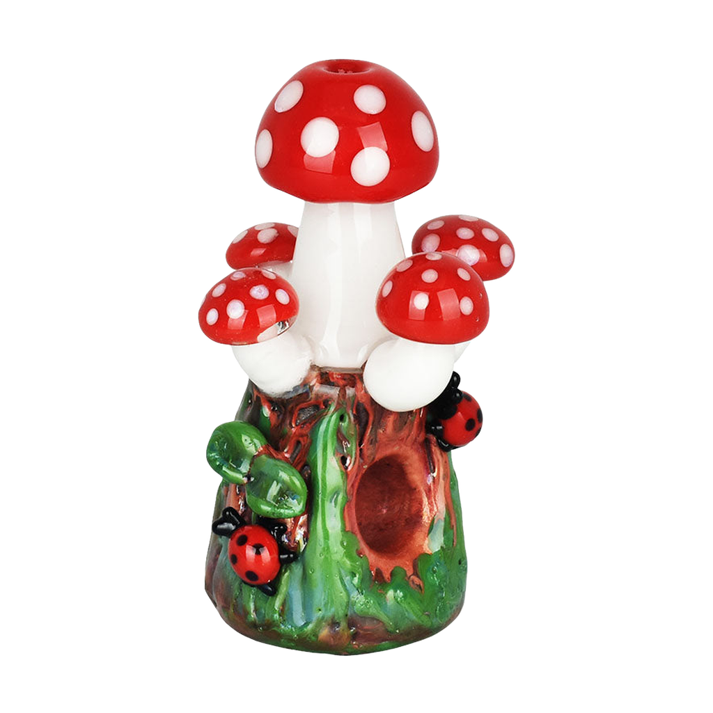 Empire Glassworks hand pipe with red mushroom design and ladybug accents, borosilicate glass