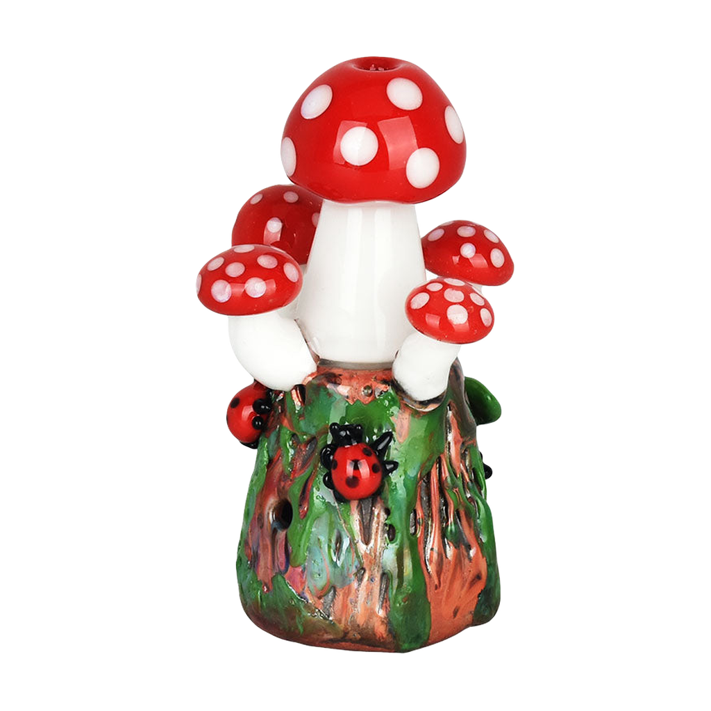 Empire Glassworks hand pipe with vibrant red mushroom design, borosilicate glass, front view