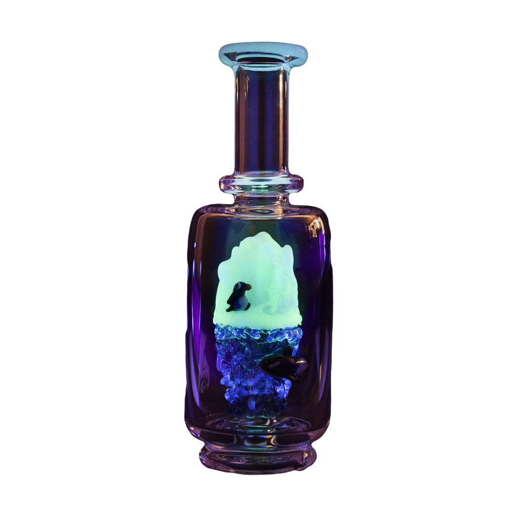 Empire Glassworks Puffco Peak UV Attachment with Avenge Artic theme glowing under UV light