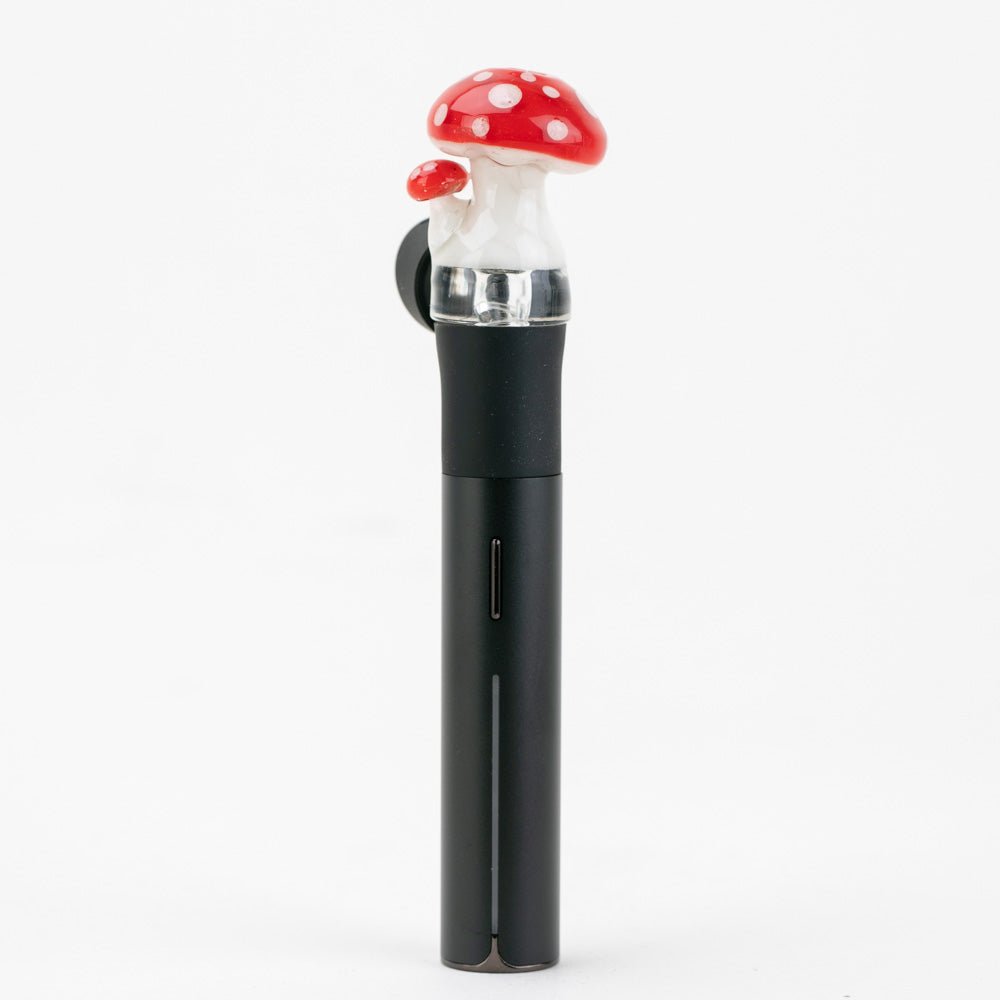 Durable borosilicate glass Puffco Pivot mouthpiece with red mushroom design