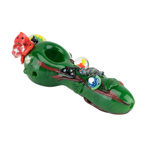 Empire Glassworks Spoon Pipe featuring colorful garden critters on green borosilicate glass, side view.