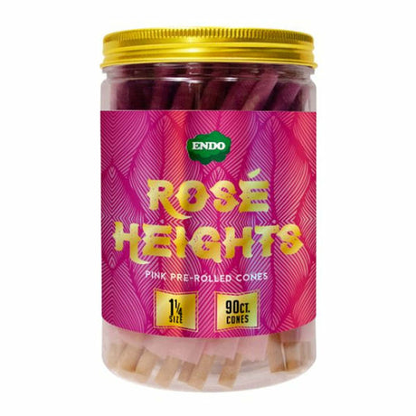 Endo Rose Heights Pink Pre-Rolled Cones in a clear jar, 1 1/4" size, 90 count, front view