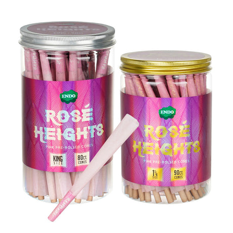 Endo Rose Heights Pink Pre-Rolled Cones in clear jars, portable design for dry herbs