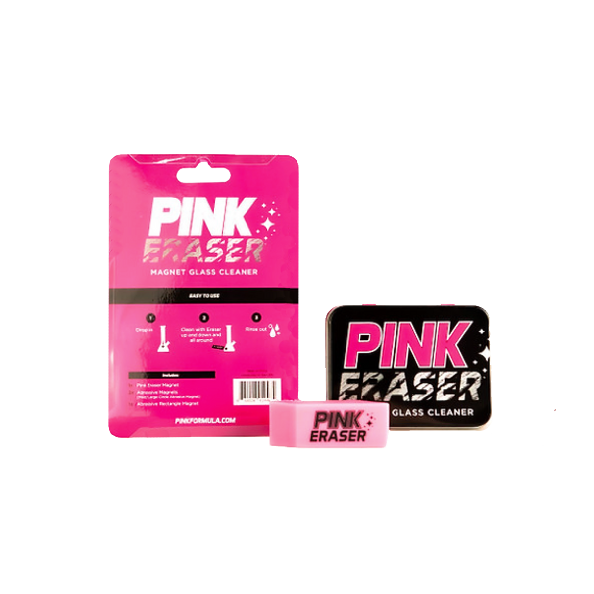 Pink Eraser Magnet Glass Cleaner by Pink Formula with packaging, front view, for glass pieces