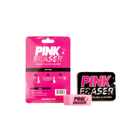 Pink Eraser Magnet Glass Cleaner by Pink Formula with packaging, front view, for glass pieces