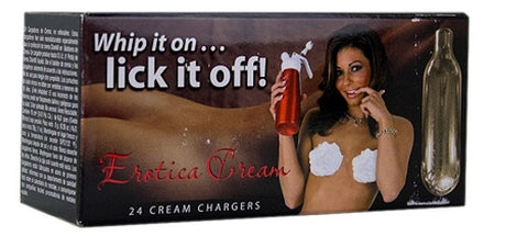 Erotica Cream Chargers box with 24 steel chargers for kitchen use - front view