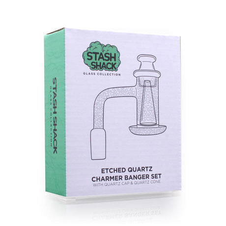 Stash Shack Etched Quartz Charmer Banger Set box with Cap & Cone illustration