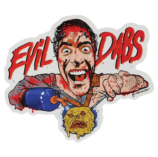 Evil Dabs Vinyl Sticker with a horror-inspired character holding a dab tool, size 5.25" x 4.25"