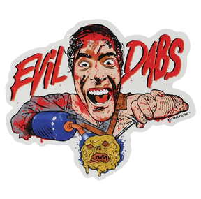 Evil Dabs Vinyl Sticker with a horror-inspired character holding a dab tool, size 5.25" x 4.25"