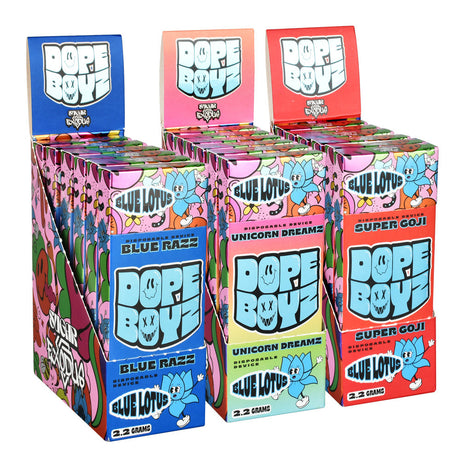 Exodus Sugar Dope Boyz Blue Lotus Disposable Vape display with 6 colorful boxes