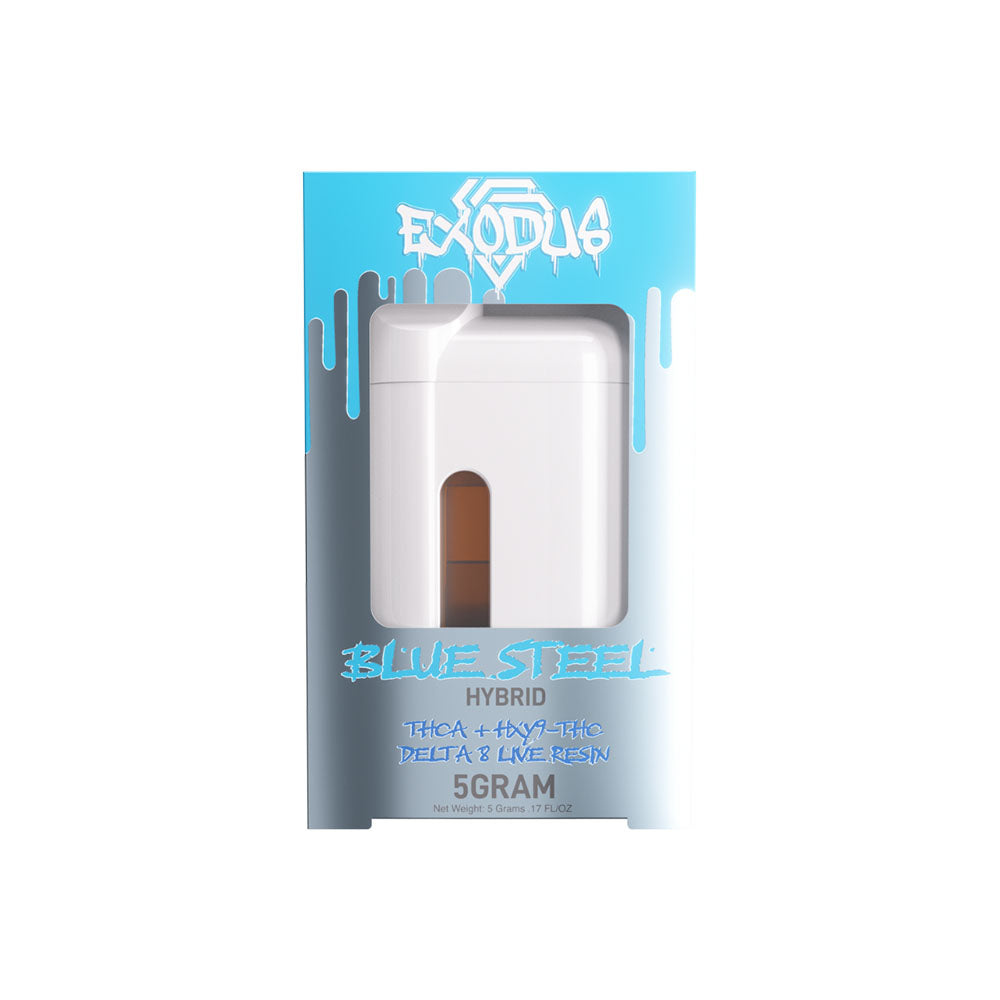 Exodus THCA HXY9 D8 Blue Steel Disposable Vape, 5g, Front View on White Background