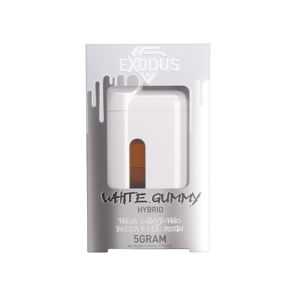 Exodus THCA HXY9 D8 Disposable Vape in White Gummy - Front View with Packaging