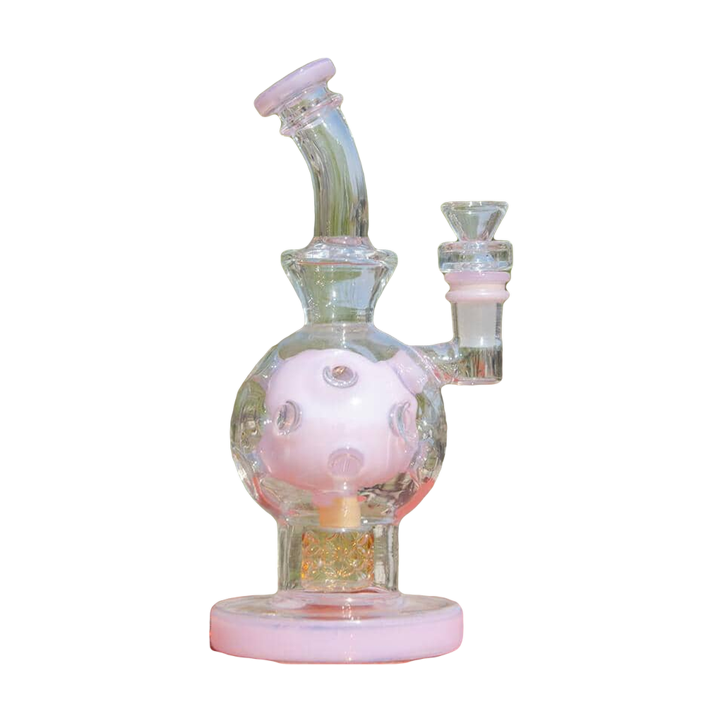 Calibear EXOSPHERE Dab Rig in Pink with Seed of Life Perc, Front View on Outdoor Background