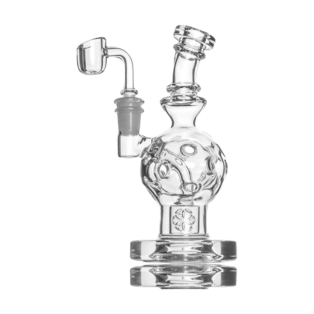 Calibear EXOSPHERE Dab Rig with Seed of Life Perc, clear glass, front view with quartz banger