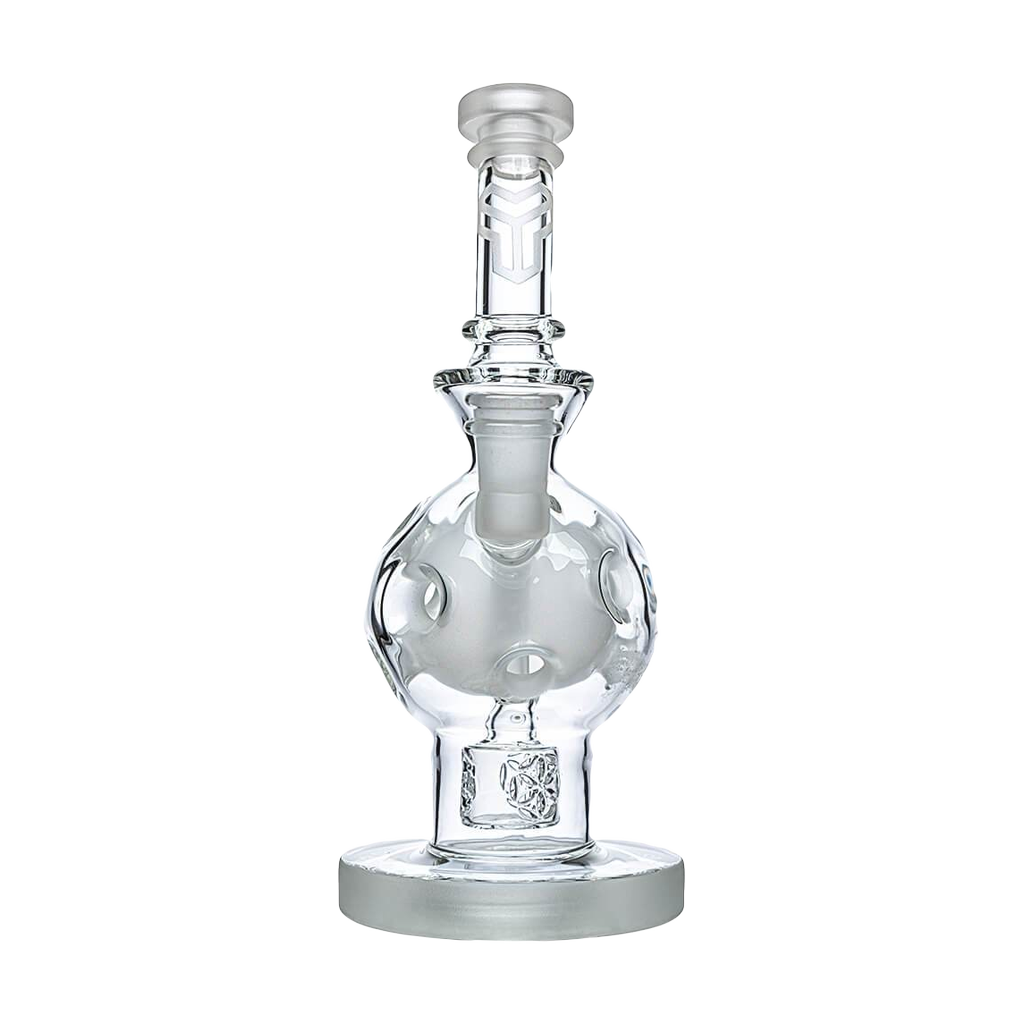 Calibear Exosphere Dab Rig in clear glass with frosted base and logo, front view on white background