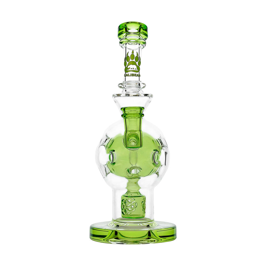 Calibear Exosphere Dab Rig with intricate green accents and beaker design, front view on white background
