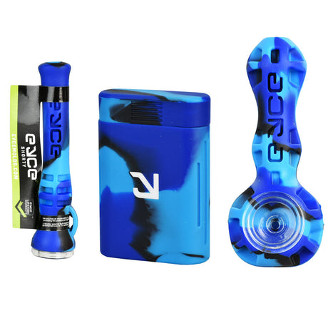 Eyce Silicone Hand Pipes in blue camo, durable and portable with deep bowls, front view on white background
