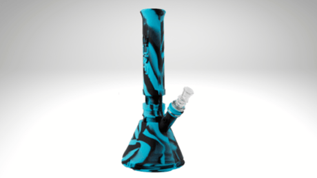 Eyce Beaker in Epic Teal, durable silicone bong with unique swirl design, angled side view