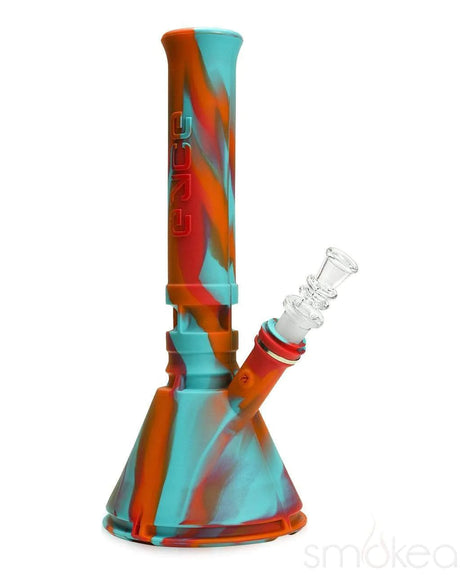 Eyce Beaker Bong in Fuego colorway, silicone material, with glass bowl, side view on white background